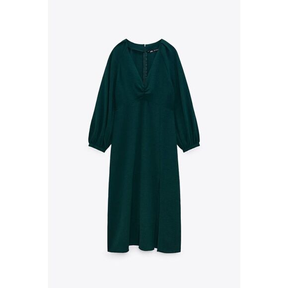 Zara Green Puff Sleeve Dress Midi Slit - Picture 6 of 7